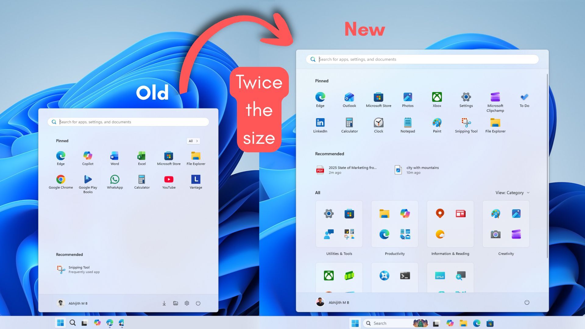 New Windows 11 Start menu is almost twice the size of old Windows 11 Start menu